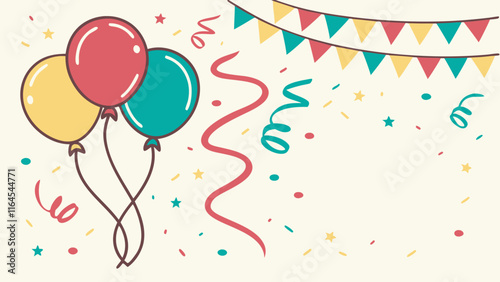 Colorful Celebration Balloons: Celebrate with this cheerful illustration featuring three balloons in red, yellow, and blue, adorned with confetti and a string of festive flags, perfect for birthday.