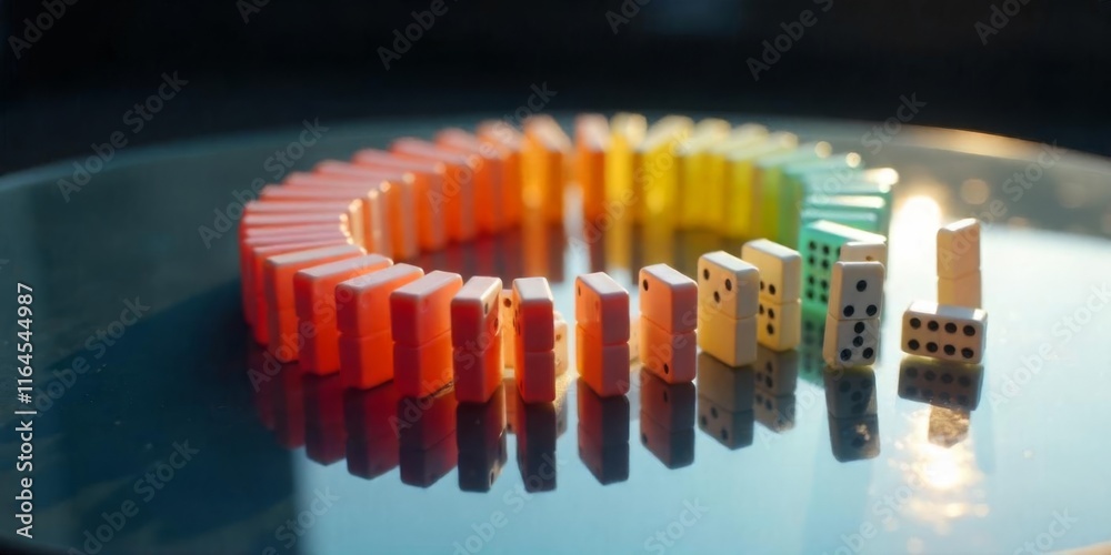 Colorful dominoes set in a circular arrangement balancing on a reflective surface