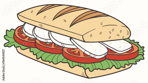 Fresh Mozzarella & Tomato Sub: A mouthwatering illustration of a classic Italian-style sandwich, featuring fresh mozzarella cheese, juicy tomatoes, and crisp lettuce tucked inside a crusty baguette.