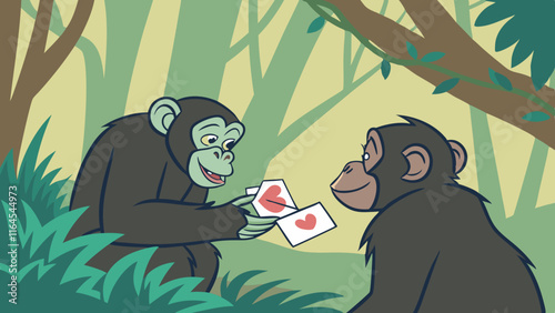 Chimpanzee Valentine's Day Card Exchange in Lush Jungle Setting 