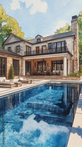 Luxurious stone house with modern outdoor pool and serene landscaping in a wo...