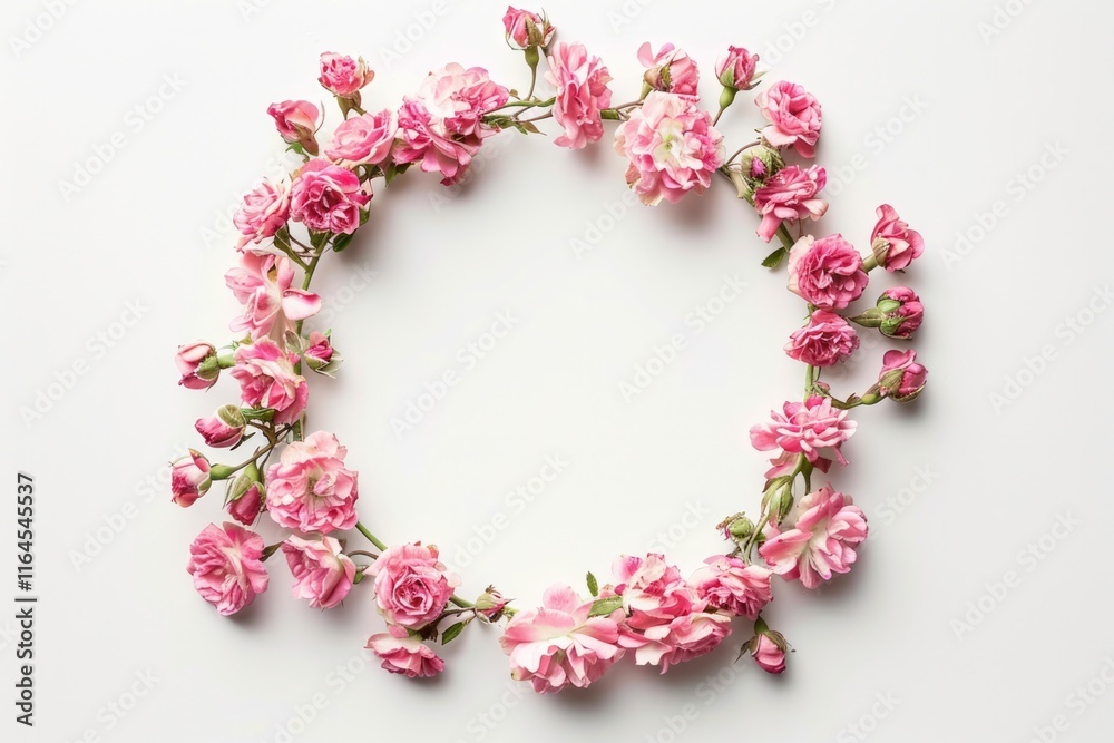 Pink Rose Wreath: Elegant Floral Composition on White Background with Copy Space Pink Rose Wreath: Elegant Floral Composition on White Background with Copy Space