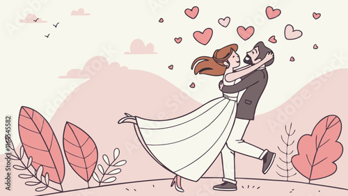 Romantic Couple's Embrace in a Dreamy Landscape: A whimsical illustration of a happy couple embracing amidst a flurry of hearts, set against a soft, romantic landscape. Perfect for Valentine's Day.