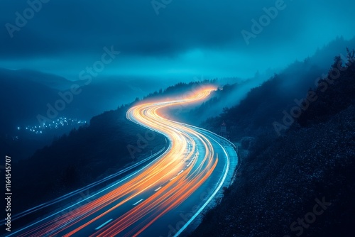 Classic car captures vibrant light trails on a winding road during a serene n...