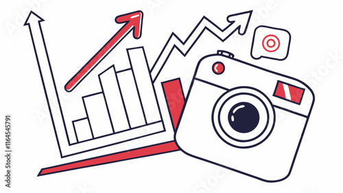 Instagram Growth and Success: A vibrant illustration symbolizing the upward trajectory of social media growth, with a stylized camera, bar graph, and rising arrows.