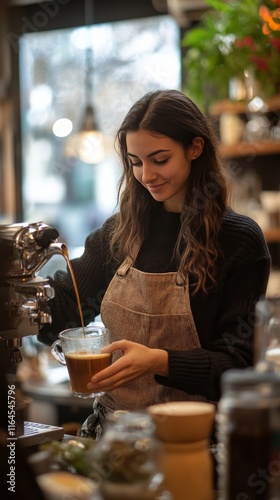 Barista expertly pours coffee in a cozy coffee shop with inviting ambiance