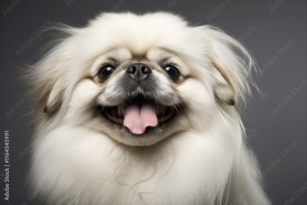 Portrait of a Happy Pekingese: A Funny and Pedigreed Dog Breed with Chinese Roots Featuring White Fur and Adorable Pet Qualities Portrait of a Happy Pekingese: A Funny and Pedigreed Dog Breed with Chinese Roots Featuring White Fur and Adorable Pet Qualities