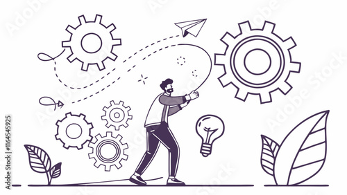 Businessman Turning Gears of Innovation: A minimalist illustration of a man pushing a cogwheel, symbolizing the power of individual effort and innovation.