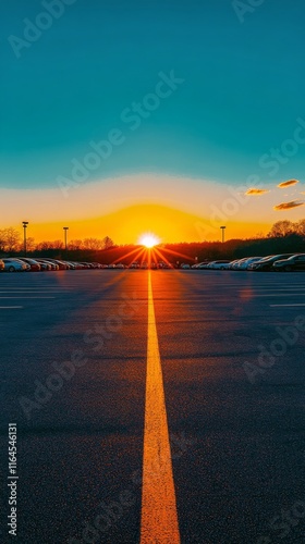 Parking lot at sunset with vibrant colors and a peaceful atmosphere in the ev...