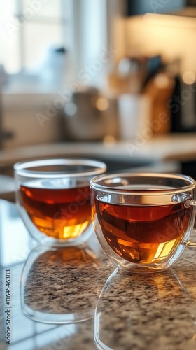Warm cups of tea resting on a countertop near a sunlit kitchen window in the ...