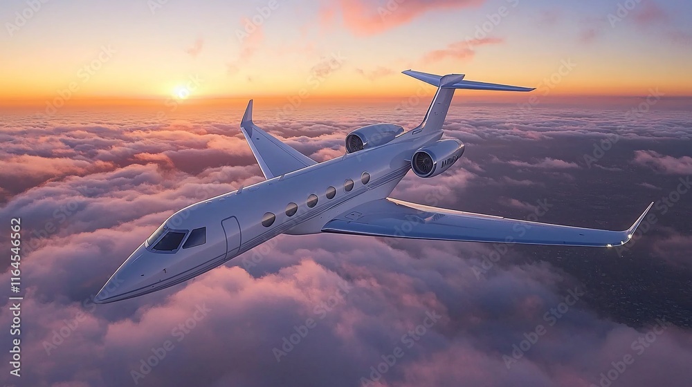 Fototapeta premium Private jet flying above clouds at sunset. (4)