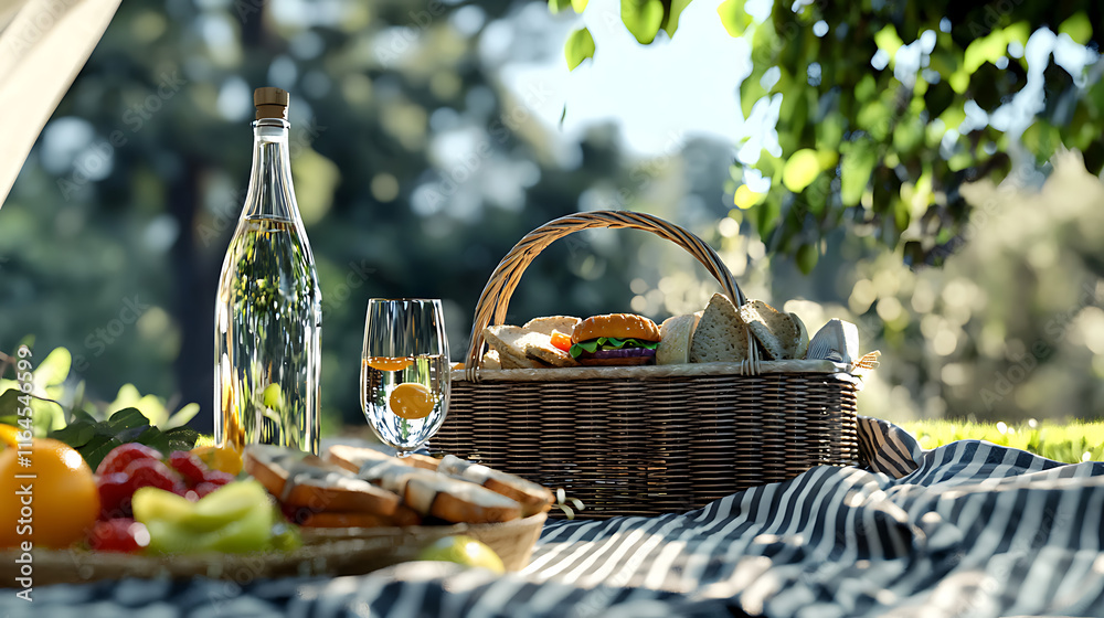 A picnic basket filled with sandwiches, fruit. generated using AI A picnic basket filled with sandwiches, fruit. generated using AI