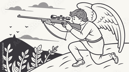Angel Sniper: A monochrome illustration of an angelic figure, wings outstretched, aiming a rifle from a hilltop vantage point. A poignant juxtaposition of innocence and aggression. 