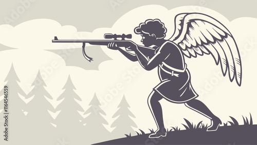 Angel Sniper: A dramatic illustration of an angel aiming a rifle in a serene forest landscape. The image is rendered in a vintage style, creating a compelling contrast between innocence and action. 