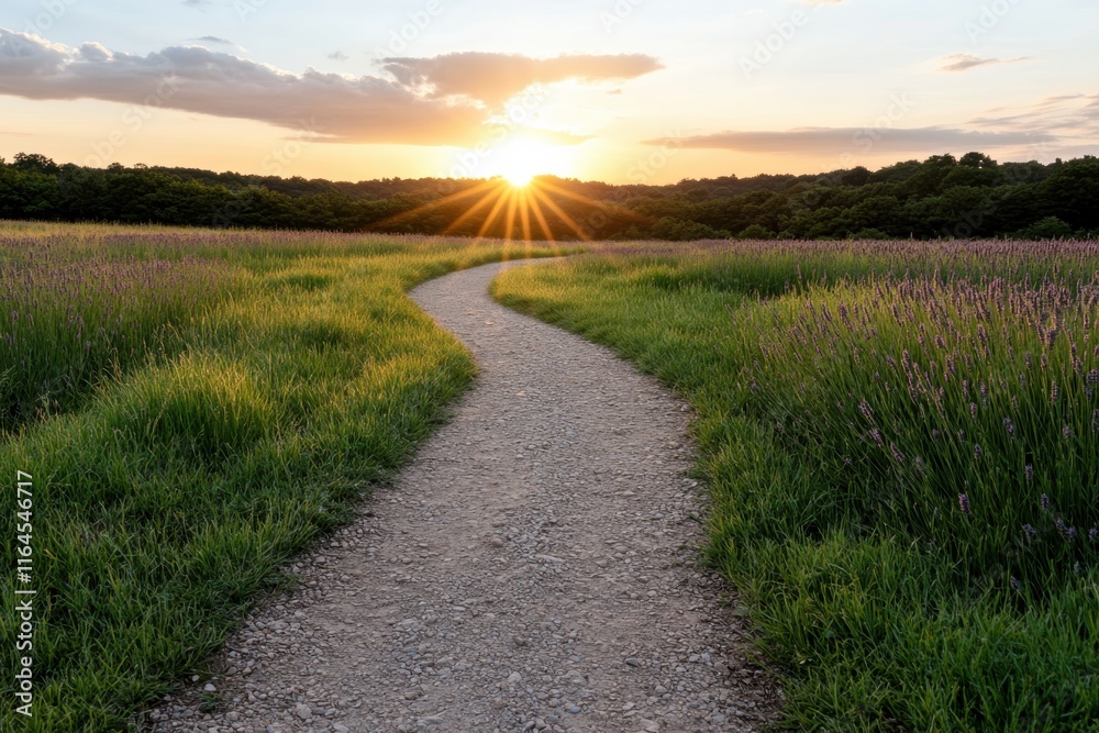 A picturesque winding path through lush lavender fields bathed in the warm glow of sunset, inviting tranquility and a sense of peaceful exploration amidst nature. A picturesque winding path through lush lavender fields bathed in the warm glow of sunset, inviting tranquility and a sense of peaceful exploration amidst nature.