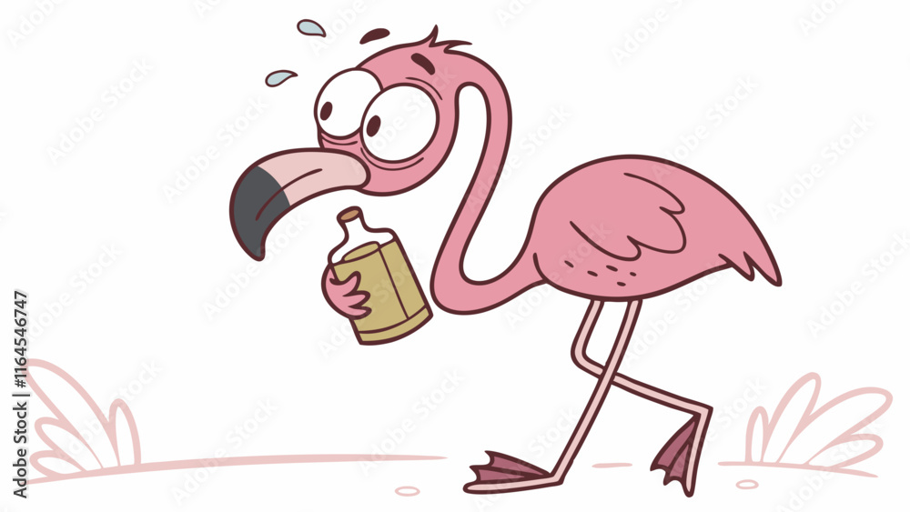 Flamingo with a Hangover: A cartoon flamingo looking unwell, clutching a bottle. Humorous illustration of a pink flamingo with a slight stumble in its step. Flamingo with a Hangover: A cartoon flamingo looking unwell, clutching a bottle. Humorous illustration of a pink flamingo with a slight stumble in its step.