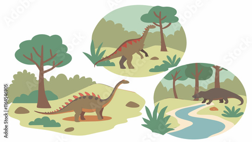 Dinosaur Adventures: A whimsical illustration showcasing a trio of prehistoric giants in their natural habitat, surrounded by lush foliage, a babbling brook, and vibrant hues.  