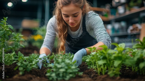 Young woman tending to mint plants in a greenhouse during the afternoon in sp...