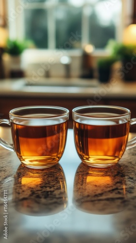 Warm cups of tea resting on a countertop near a sunlit kitchen window in the ...