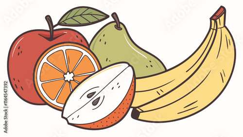 Fresh Fruit Medley: A vibrant illustration of a ripe apple, juicy orange slice, plump pear, and a bunch of bananas, showcasing a delightful selection of nature's sweetness.  