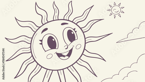Smiling Sun Cartoon Illustration:  A cheerful sun with big eyes and a wide grin shines brightly in the sky, perfect for children's books,  educational materials.