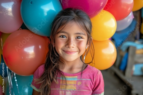 Brightly dressed girl smiles joyfully in front of colorful balloons at a fest...