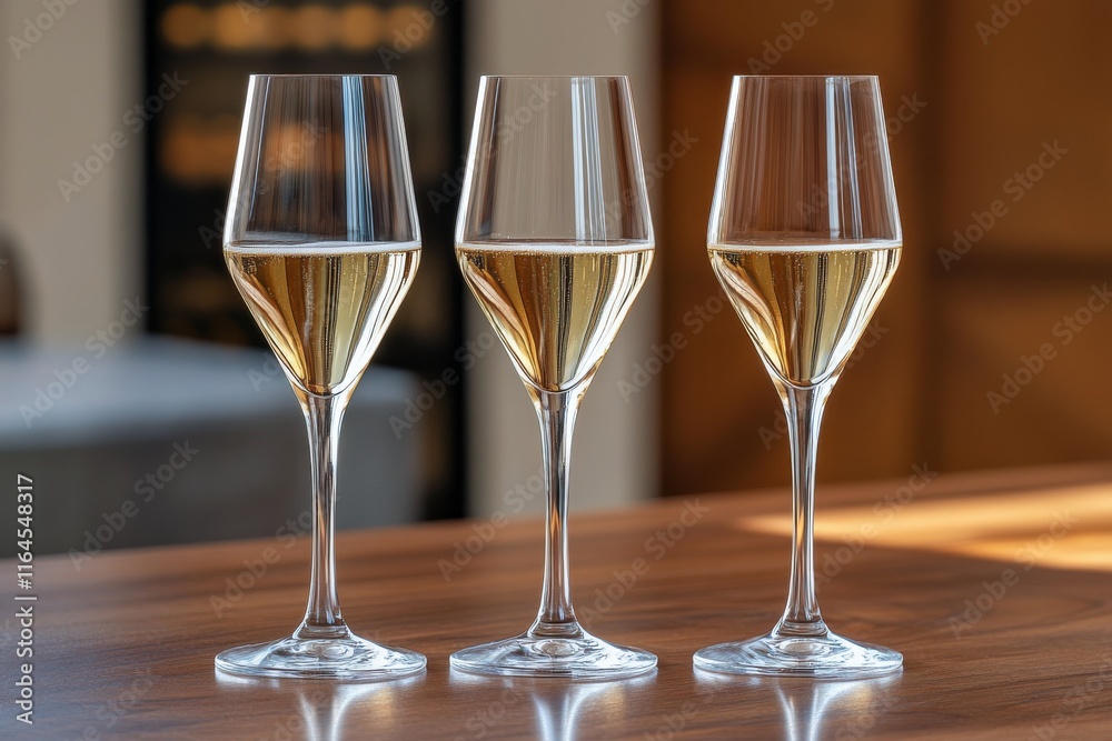 Elegant champagne glasses on a rustic wooden table in a cozy setting Elegant champagne glasses on a rustic wooden table in a cozy setting