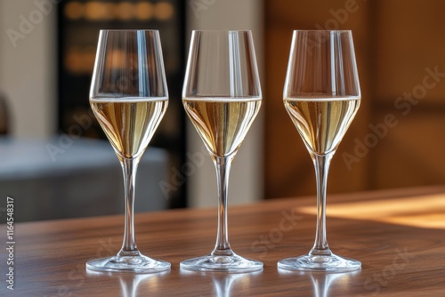Elegant champagne glasses on a rustic wooden table in a cozy setting