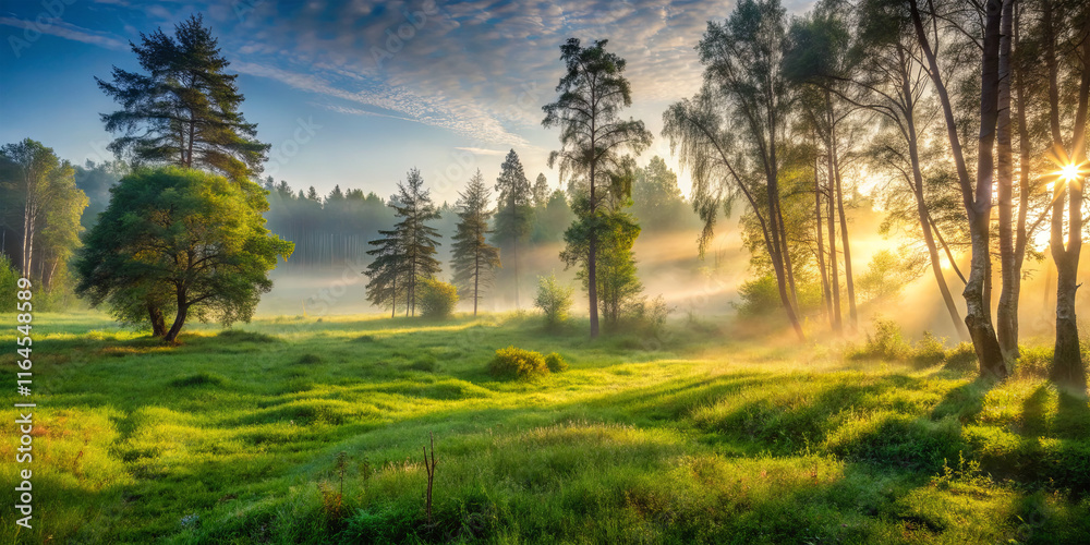 Fototapeta premium Golden sunlight breaks through tall trees, illuminating a lush green meadow. Mist hovers over the ground, creating an enchanting morning atmosphere in the forest