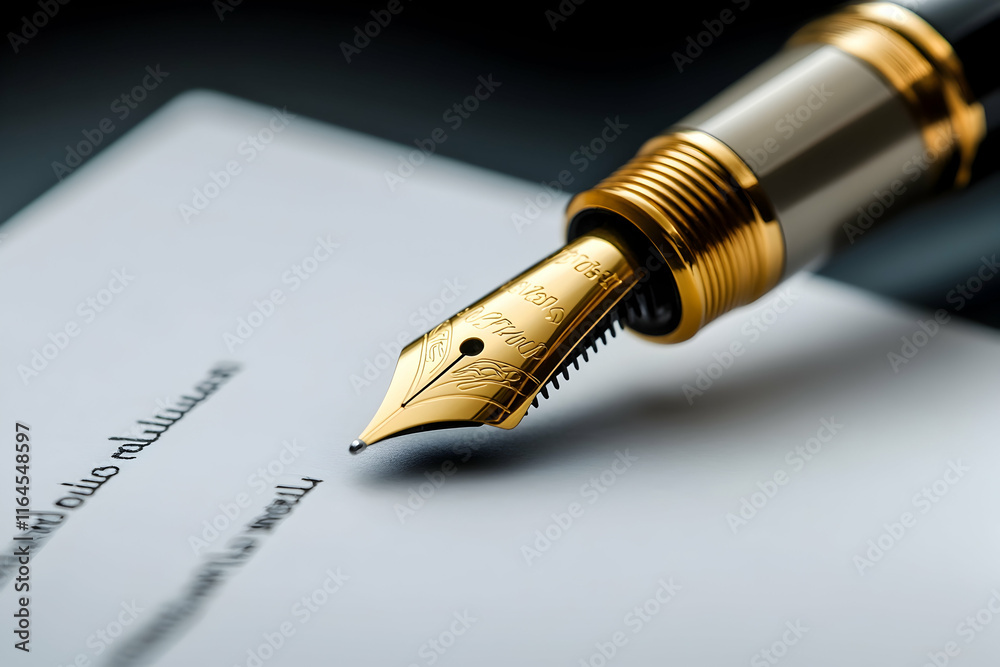 Fototapeta premium Elegant golden fountain pen signing a white document with precision
