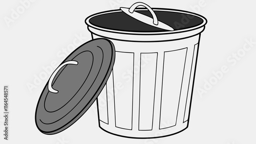 Open Trash Can Illustration: This simple yet detailed illustration depicts a trash can with its lid ajar, inviting viewers to contemplate the act of discarding or the concept of waste.