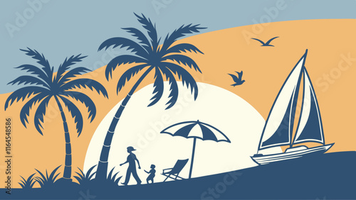 Tranquil Sunset Beach Scene: Family enjoying a peaceful evening stroll along a picturesque beach, silhouetted against a vibrant sunset with palm trees, sailboat, and beach umbrella.
