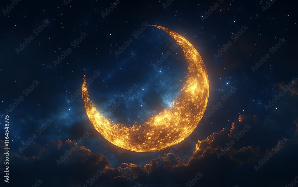 Fiery crescent moon in a starry night sky. Fiery crescent moon in a starry night sky.