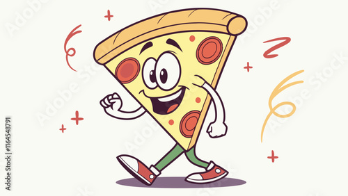 Pizza Slice Mascot Character Walking:  A fun and friendly pizza slice character walks with a big smile on his face, perfect for illustrating food and beverage concepts. 