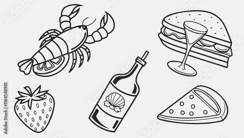 Food Illustration Set: A delightful collection of hand-drawn, line art food illustrations, perfect for menus, branding, and culinary-themed designs. Each element showcases a simple, yet elegant style.