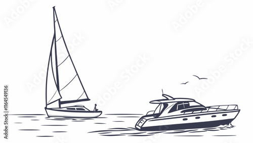 Sailing Away: A Hand-Drawn Illustration of Two Boats on the Open Sea, One a Sailboat and the Other a Motor Yacht, Capturing the Essence of Freedom and Adventure.  