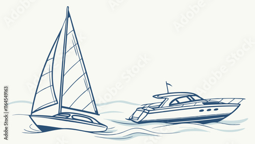 Sailing Away: A nautical sketch of a sailboat and a motorboat gliding across the waves, capturing the freedom and adventure of the open sea. 