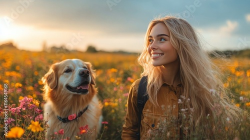 Evening stroll in a flower field with a dog at sunset over the horizon near t...