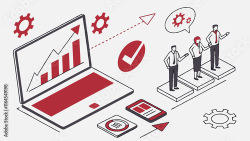 Business Growth Strategy: A modern and minimalist illustration depicting a team of professionals working together to achieve success. The image showcases a laptop with a rising graph.
