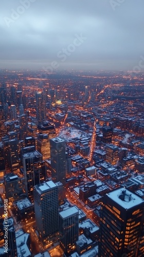 View of city skyline illuminated at sunset with mountains in the background