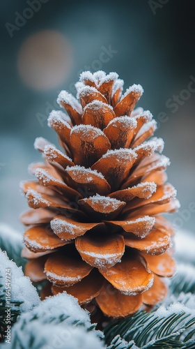 Winter scene with snow-covered pine cones on a wooden base in a calm environment
