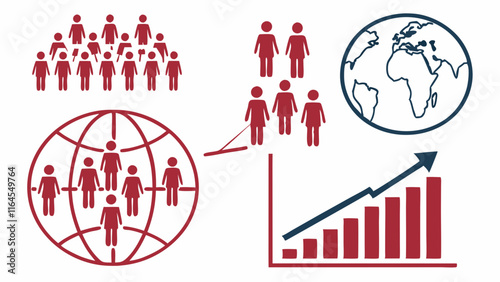 Global Growth and Teamwork:  Illustrative icons representing global reach, teamwork, and upward growth trends. Perfect for presentations, reports, and marketing materials. 