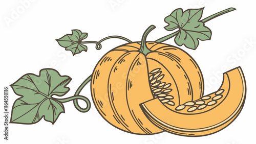 Pumpkin Harvest: A whole pumpkin and a slice with seeds, nestled amongst vibrant green leaves, evokes the warmth and bounty of autumn.  photo