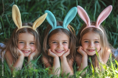 Little girls in colorful bunny ears enjoying a sunny day in a grassy field