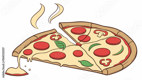 Pizza Perfection: A mouthwatering illustration of a hot and cheesy pizza, with a slice pulled away, revealing a gooey, melty interior. The perfect image for representing deliciousness, indulgence.