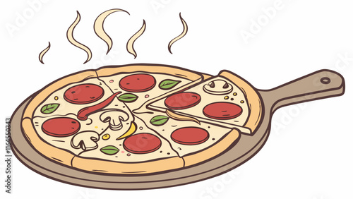 Pepperoni Pizza Delight: A hand-drawn illustration of a steaming hot pepperoni pizza on a wooden board, ready to be devoured. The perfect visual for your next restaurant menu, food blog.