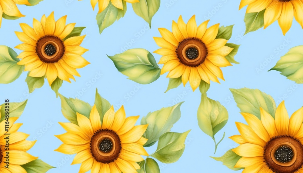Obraz premium seamless repeating pattern of watercolor vibrant sunflowers with yellow petals , green leaves on a light blue background. 