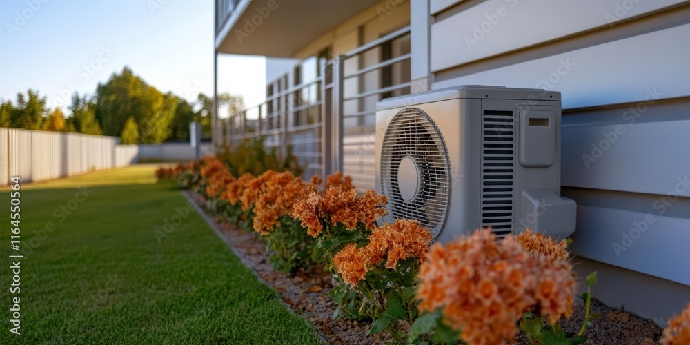 Obraz premium A small air conditioner unit is installed on the side of a house