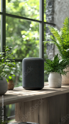 A smart home speaker positioned on a modern shelf with neutral decor, bright natural light, sleek and minimalist design, photorealistic