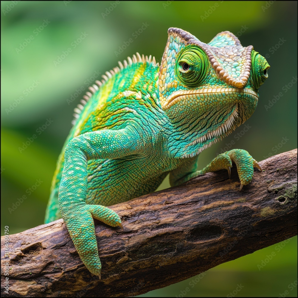 Obraz premium Colorful Chameleon Relaxing on Branch in Lush Green Habitat